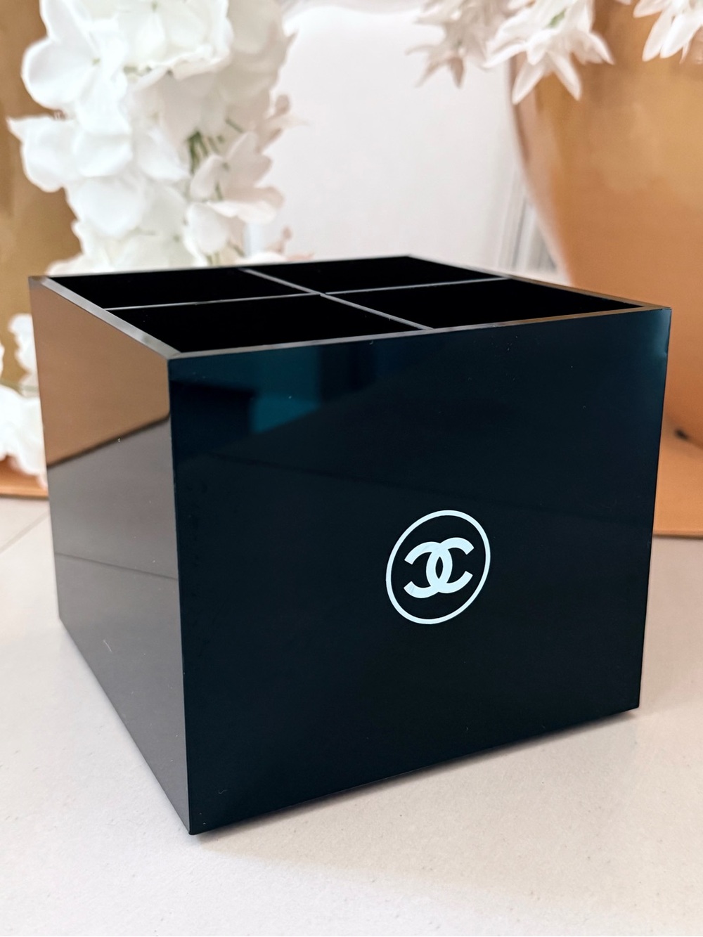 CHANEL Black & White Acrylic Cosmetic Caddy with CC Emblem